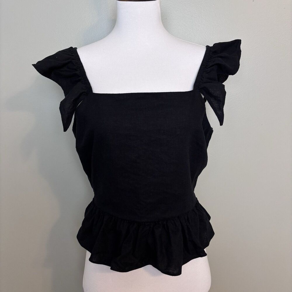 Express Black Linen Rayon Blend Square Neck Ruffle Strap Peplum Top Blouse Sz S